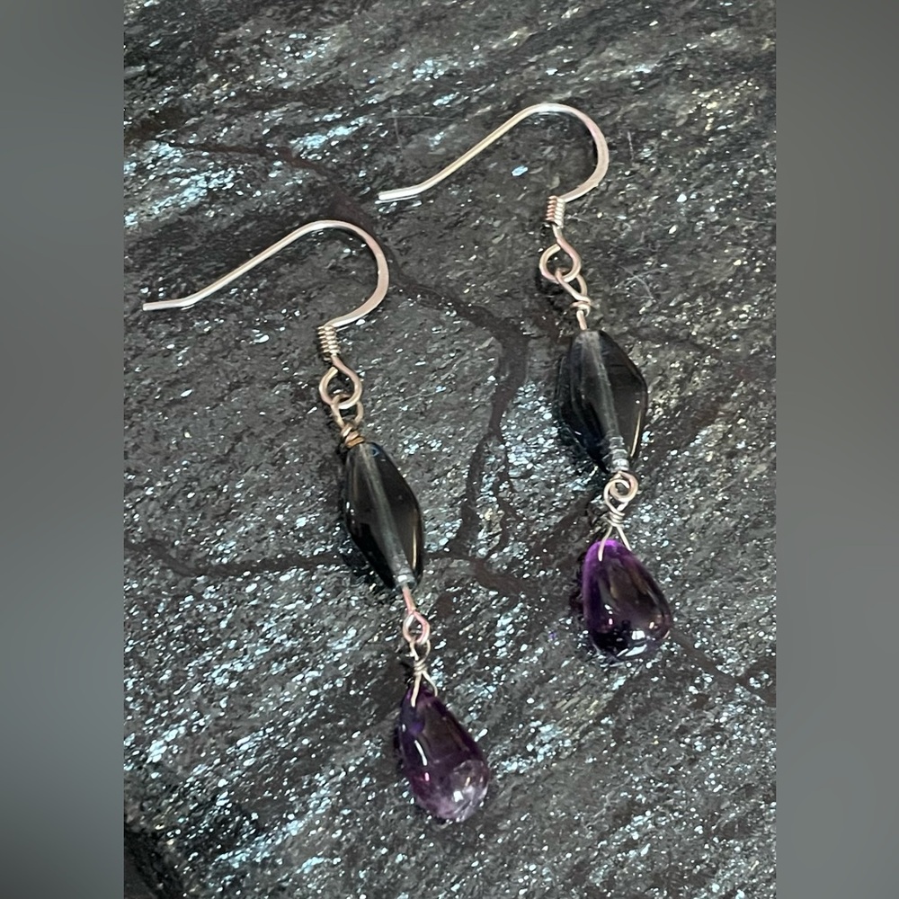 Purple Amethyst and Blue Glass Handmade Earrings